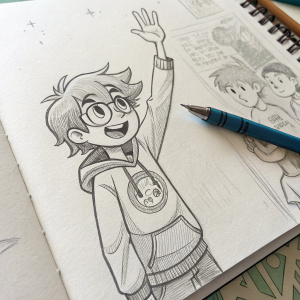 A pencil sketch of a Homestuck character, waving. Sketchpad background.