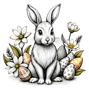 clean vector illustration for kids coloring, Easter bunny with Easter eggs and a lot of spring flowers, one closed lines,  professionally detailed, black and white, white background