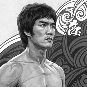 A detailed pencil sketch of Bruce Lee. Muscular build, intense gaze. Abstract black and white background.