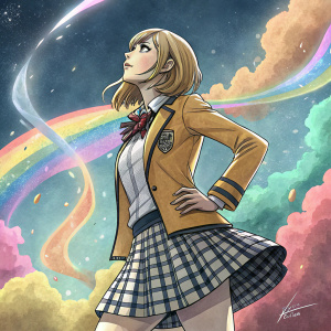 Digital artwork featuring Mari from Prison School. Anime-style illustration. Wearing school uniform with checkered skirt. Background filled with vibrant, swirling colors