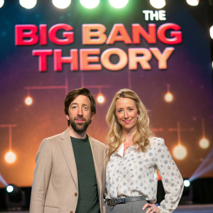 Simon Helberg and Jocelyn Towne, standing at a brightly lit stage. The backdrop features The Big Bang Theory logo in vibrant colors. Simon sports a neatly trimmed beard, while Jocelyn's long blonde hair cascades over her shoulders.