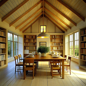 simple home with library and dinner table in heaven