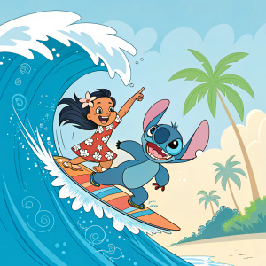 Vector illustration of Lilo & Stitch branding. Cartoon characters surfing on a giant wave.