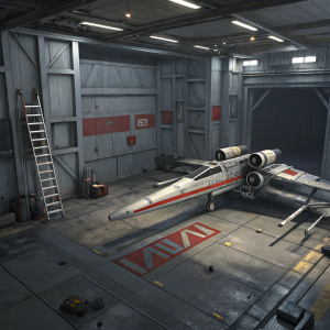 3D rendering of a crashed X-wing spaceship in a dimly lit industrial hangar. The hangar's floor and walls are gray with industrial panels and a ladder. The X-wing is gray with red stripes, and the scene has muted colors and shadows.