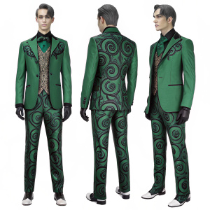 The Riddler costume from Gotham series. Detailed green suit with intricate swirl patterns. Dark green and gray accents. Clear picture showing multiple angles of the ensemble.