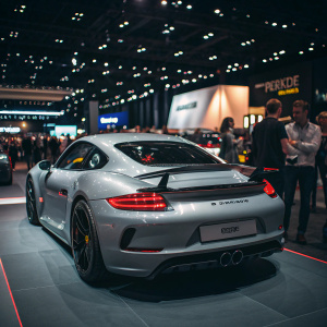 Photograph showcasing a Porsche Cayman GT4 at a luxurious car show. Sleek design and brand logo visible. Distinctive tail lights and streamlined body highlighted. Attendees admiring the vehicle.