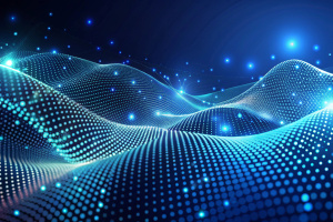 3D abstract dark blue background with dots pattern vector design, technology theme, dimensional dotted flow in perspective, big data, nanotechnology.