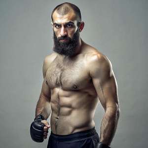 Skinny Dagestani man, with a Muslim beard, short combed hair, no shirt on, standing in Muay Thai stance, wearing MMA gloves