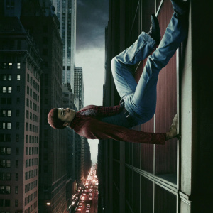 Miles Morales, from Spider-Verse, hanging upside down on a skyscraper in the bustling cityscape.