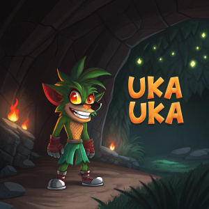 Illustration of Crash Bandicoot, green fur, fiery red eyes, standing in a dark cave with glowing rocks. UKA UKA text in bold font, eerie atmosphere