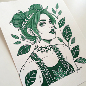 Hand-drawn digital art of Jolyne Kujo. Wearing green hair and detailed leaf-like tattoos. Dark green and white color scheme. Simple sketch style, background is plain white paper