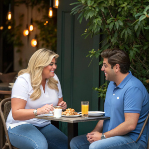 Gemma Collins and James Argent at a casual brunch. She is in a white t-shirt and jeans. He wears a blue polo shirt. They are in a cozy outdoor café, no NT sign