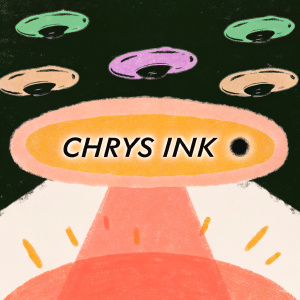 A sleek, modern logo design for Chrys Ink. Set against a gradient background transitioning from deep purple to black. Glowing orbs float around the central logo, giving an ethereal, futuristic feel.