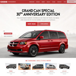 Homepage for Dodge Grand Caravan's special 30th Anniversary edition. Red minivan prominently displayed. Trailer highlights new features and special editions. Bold, contemporary color scheme.