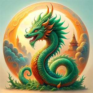 Full body of one Naga, realistic colors, Thai art style, gold, green, round red eyes, with Mekong River cg background 64k, special quality, depth of field, beautiful light, large circular sun. that is setting Sharp details, complex 3D