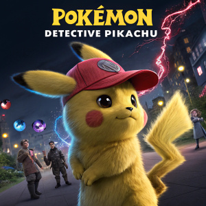 Promotional poster for 'Pokémon: Detective Pikachu'. Pikachu, wearing a red cap, stands against a dark, dynamic background filled with vibrant characters and elements from the series. Blending traditional animation with modern digital art.