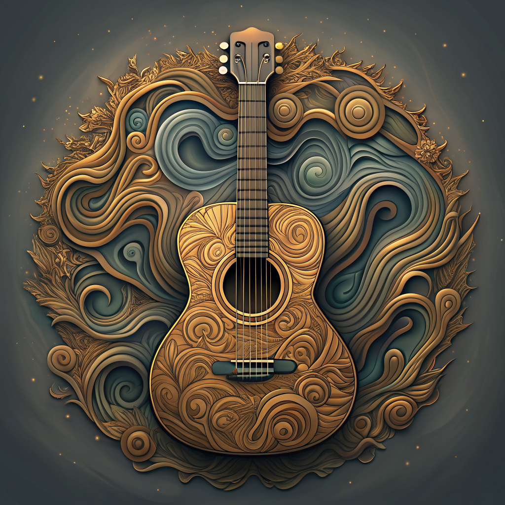 A stunning high-quality, high-definition image featuring a charming illustration of a wooden guitar in a Van Gogh-inspired background.