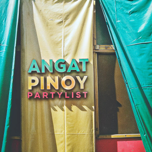 Angat Pinoy Partylist's vibrant emblem. Green, red, and blue hues. Bold typography and unity concept. Clean white backdrop.