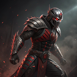 SEKTOR action figure from Mortal Kombat. Dramatic fighting pose. Futuristic metallic armor with red highlights. Dark and moody background with emphasis on product branding.