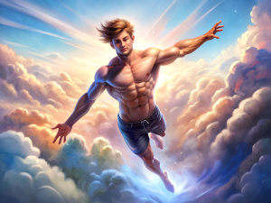 realistic cute shirtless slender tanned smiling guy with short hair wearing shirt tight shorts is flying in the sky among the clouds with great speed, arms spread wide