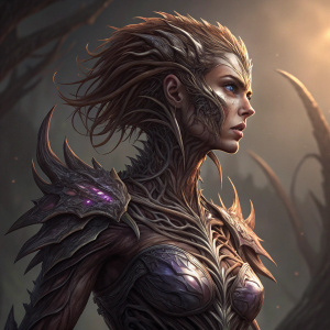 Digital art of Sarah Kerrigan in her Primal Zerg form. Character from StarCraft II: Heart of the Swarm. Muted background, highlighting her alien appearance with a blend of metallic and organic textures.