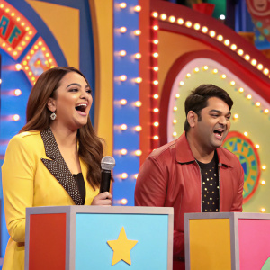 Sonakshi Sinha and Kapil Sharma hosting a game show. Colorful studio set, filled with excitement