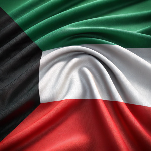Digital 3D rendering of Kuwaiti flag with realistic fabric texture. Multiple layers of flag fabric with detailed wave patterns. Rich national colors prominently displayed.