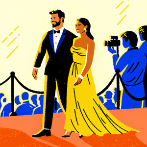 Chris Hemsworth in a black tuxedo, Elsa Pataky in a floor-length gold gown. They are walking on a busy red carpet at the Toronto International Film Festival.