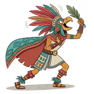 Illustration of Huehuecóyotl, a legendary figure from Aztec mythology, depicted in a vibrant digital artwork showcasing an array of imaginative outfits.