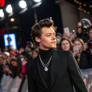 Harry Styles at the premier. Dapper in a black turtleneck and silver necklace. A crowd of fans and flashing cameras in the background.