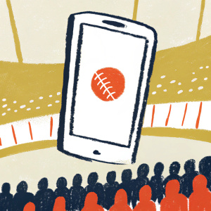 OnePlus smartphone ad featuring cricket theme. Cricket stump icon visible on phone screen. Crowd-filled stadium background. Promotional content for Indian Premier League.