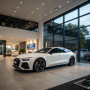 Sleek white Audi RS7 Sportback in a high-end car dealership. Large windows, polished floors, and advanced technology displays.