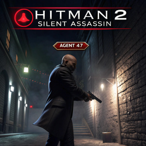 Video game cover art for Hitman 2: Silent Assassin. Dark alleyway background, character holding a pistol, multiple accolades displayed.