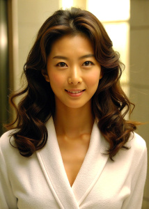 1girl, 25-year-old Korean actress Clara Lee Sung-min, with medium curly brown hair, wearing an open white bathrobe, bathroom: 1.2, collarbone, 45-degree face looking at the audience, ((turbulent)), ((perfect body proportions)), (Panorama: 1.3), beautiful and mature, grinning, deep shadows, Wong Kar-wai photography style, half body to navel: 1.2, <lora:DetailedEyes_xl_V2:1>, <lora:neg4all_bdsqlsz_xl_V7:1>, (super delicate oval face)), ((Beautiful eyes with long eyelashes,((real quality)),((Leica 