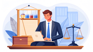 Lawyer online concept. Young guy with documents evaluates webpage for plagiarism. Protection of rights and legal support, court. Poster or banner for website. Cartoon flat vector illustration