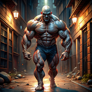 Un monstre hyper musclé, du sang sur son corps, avec un visage ultra sévère, se balladant dans une ruelle sombre et très peu éclairée durant la nuit, style PIXAR 3D