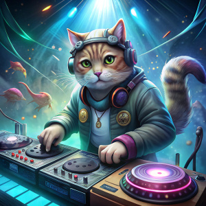 gato DJ ALTA FIESTA DEBAJO DEL MAR controlador pioneer ddj sr2 con el texto DJ GATO
