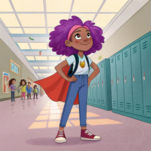 Anaya from 'Superhero After School Club', a young heroine with vibrant purple hair and a casual outfit, standing in front of a crowded school hallway.