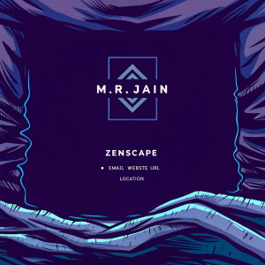 Business card for M.R. Jain, fitness guru. Features Zenscape logo and contact details: email, website URL, location. Neutral color scheme with graphic logo design.
