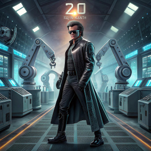Movie poster of '2.0' featuring Rajinikanth in a high-tech environment. Futuristic machinery and advanced technology in the background.