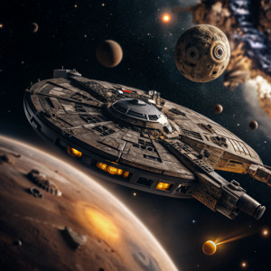 корабль Millenium Falcon,  цвет style black and yellow, реалистично, футуристический, пролетая над планетами, звёзды, млечный путь, холод, бриз.