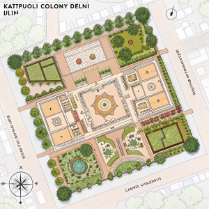 Architectural blueprint for Kathputli Colony in Delhi. Central courtyard surrounded by diverse structures. Emphasis on community interaction and green areas. Detailed layout showcasing pathways and communal zones.