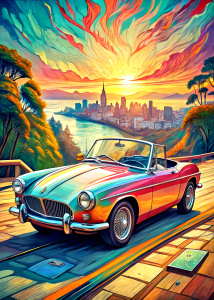   ultra detailed  convertible car mgb in San Francisco ,background, style pop art, , style watecolor, black background,ready for print t-shirt, style art fabric, without horse, full body
