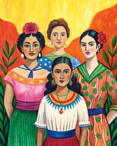 ilustración de un grupo de mujeres unidas, con una paleta de colores llamativos, en un contexto de los años 1930 y 1940 en méxico  en un formado de 768px por 1024 px