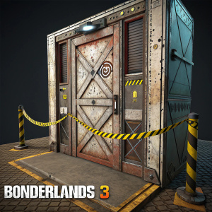 Digital illustration from Borderlands 3. Pandora Door, weathered industrial design, large panels, rusted surface, yellow caution tape, grungy textures, dark background, Borderlands 3 logo