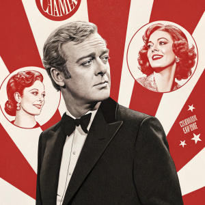 Michael Caine in the spotlight. Retro movie poster with bold red and white hues. Surrounding faces of female characters add allure. Vintage feel.