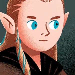 Legolas from LOTR, blonde hair, blue eyes, detailed pointy ears. Cartoon style, pastel colors. Light grey background. Only face and upper body visible