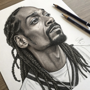 A detailed sketch of Snoop Dogg, using graphite pencils on white paper. The artwork showcases his iconic dreadlocks, facial expressions, and signature style. Presented in black and white tones.