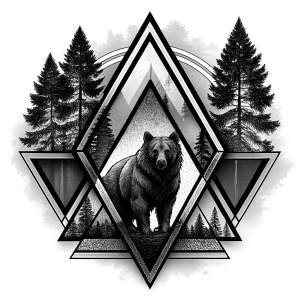 valknut runes pattern geometric symbols - bear and trees - tattoo design - perfect realistic art - high-definition - grey and black - white background 