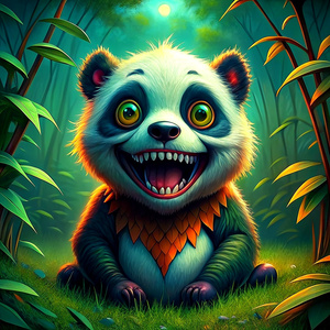 a panda sitting on grass and smiling with horror face